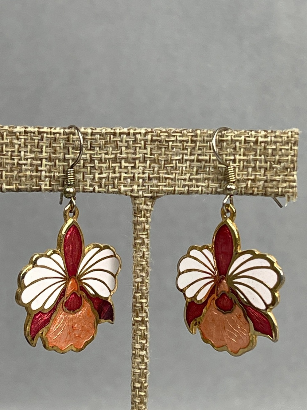 Pair Of Vintage Cloisonn Enamel Orchid Dangle Earrings